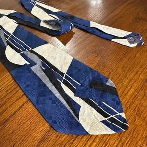 DeSantis Collection Hand Made Silk Tie Blue Cream Abstract Geometric Vintage Nec